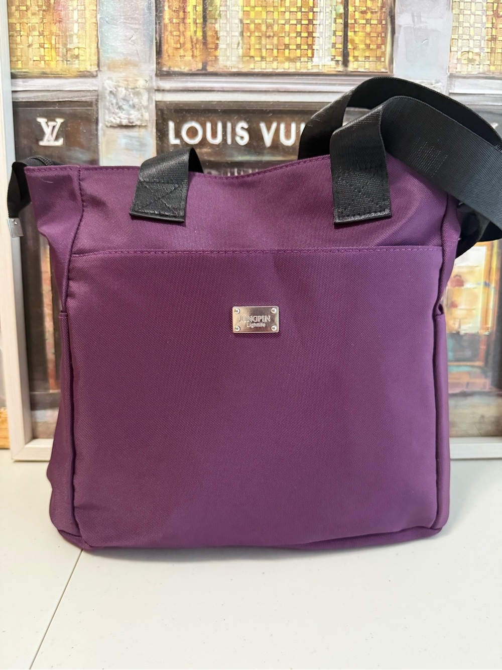 JingPin Purple Canvas Tote Bag with Black Straps NWOT